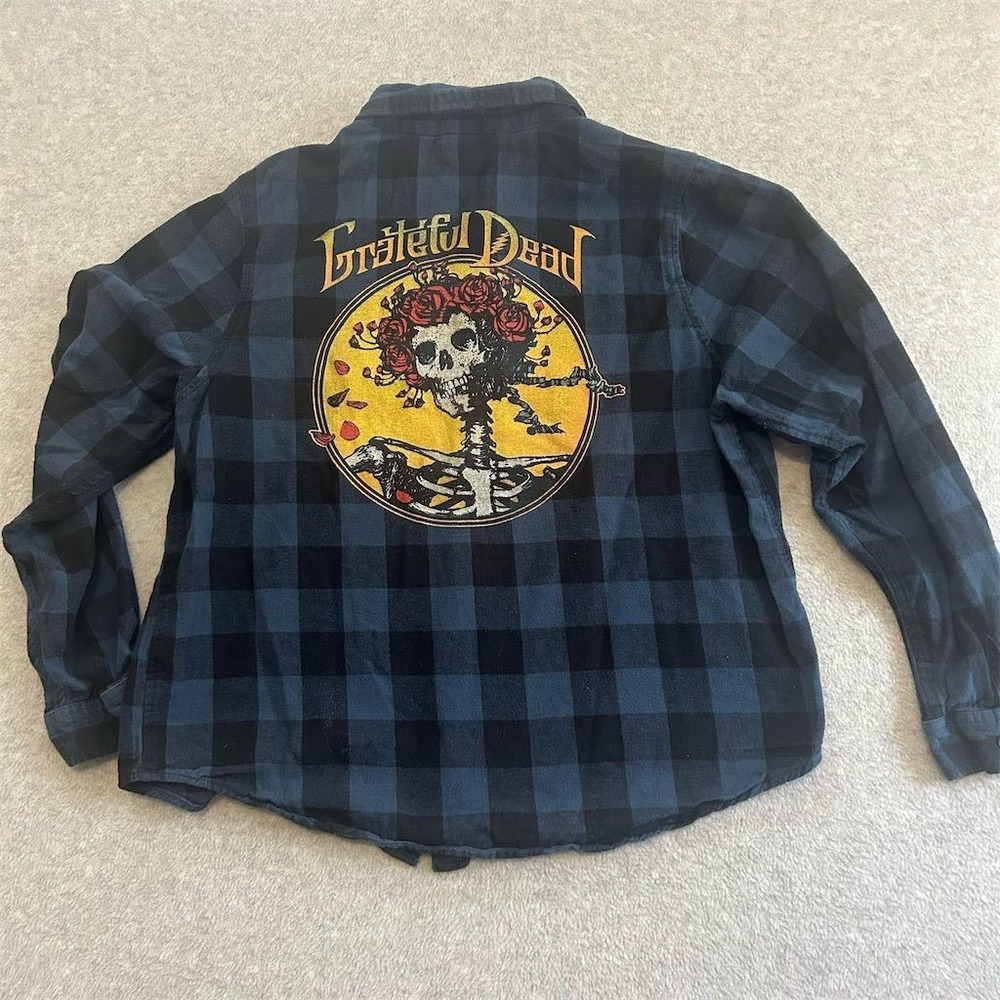 Grateful Dead Shirt Womens Medium Blue Plaid Flannel Button Up Long Sleeve Band